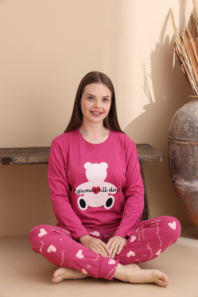ELİTOL Set de pijamale pentru femei, tricotat din bumbac, cu model de inimă fucsia