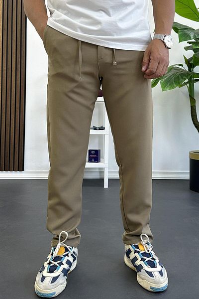 Edwox Men's Slim Fit Drawstring Waist Buttoned Trousers Brown Edw403