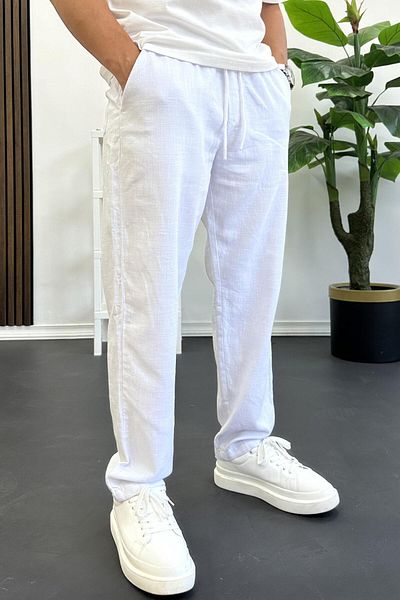 Edwox Men's Comfortable Fit Linen Look Cotton Elastic Waist Trousers White Edw404