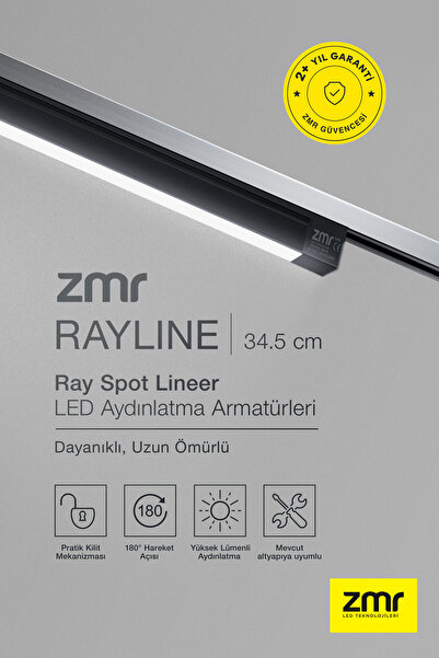 ZMR Rayline Opak Siyah 20W 34.5 CM 3000K CRI 90 Pratik Kilit Mekanizması Ray ...