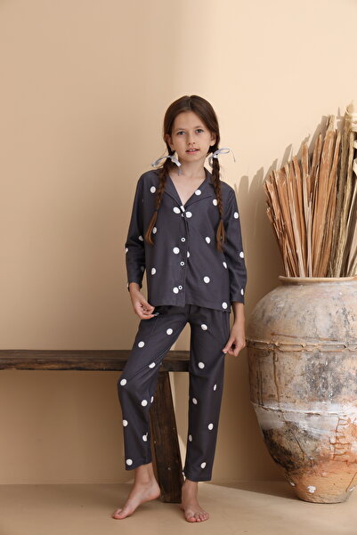ELİTOL Dot Pattern Suede Knitted Long Sleeve Children's Buttoned Pajama Set