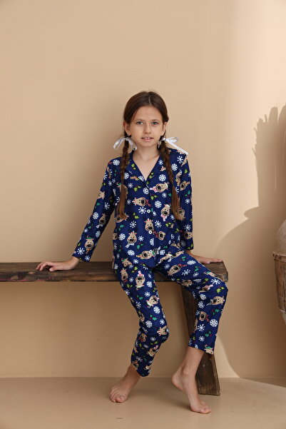 ELİTOL Mixed Pattern Suede Knitted Long Sleeve Mother-Daughter Buttoned Pajama Set