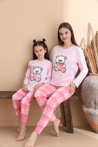 ELİTOL Powder Pink Plaid Pattern Cotton Knitted Long Sleeve Children's Pajamas Set