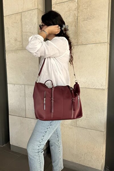 LEONAS Multi-Eye Cross Strap Waterproof Fabric Women's Hand and Shoulder Bag Lony St0007 Claret Red