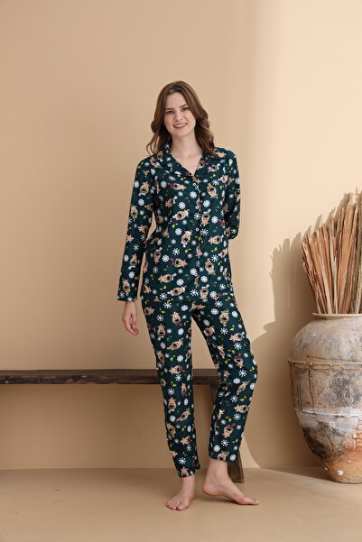 ELİTOL Mixed Pattern Suede Knitted Long Sleeve Women's Buttoned Pajama Set