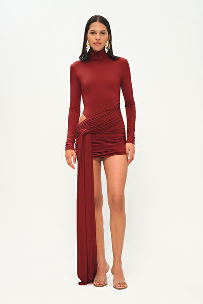 Khela The Label Dare Me Bordo Bel Dekolteli Mini Elbise