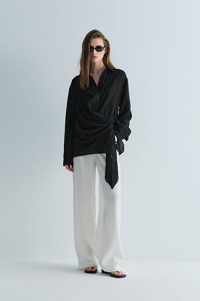 Suud Collection Black Lino Tie-Up Linen Shirt