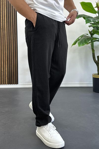 Edwox Men's Comfortable Fit Linen Look Cotton Elastic Waist Trousers Black Edw404