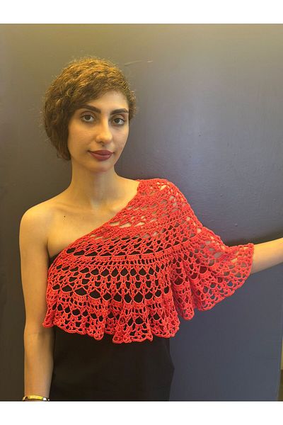 Gönülden Tasarım Lace Hand Knitted Multi-Purpose Shal, Bolero, Bustier with Butterfly Brooch