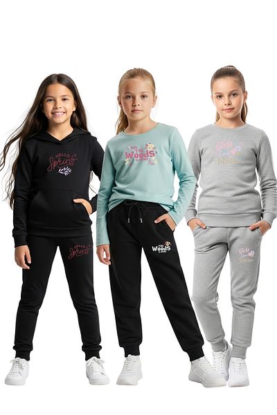FYK KİDS 3-Piece Girl's Tracksuit Set with Hooded Kangaroo Pocket and Zero Collar Print