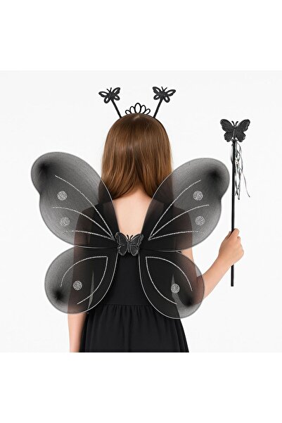 TTT Siyah Kelebek Kız Seti – 50 cm Kelebek Kanadı, Taç ve Asa