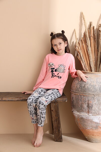 ELİTOL Koyu Somon Kuzu Desen Pamuklu Örme Uzun Kol Çocuk Pijama Takımı