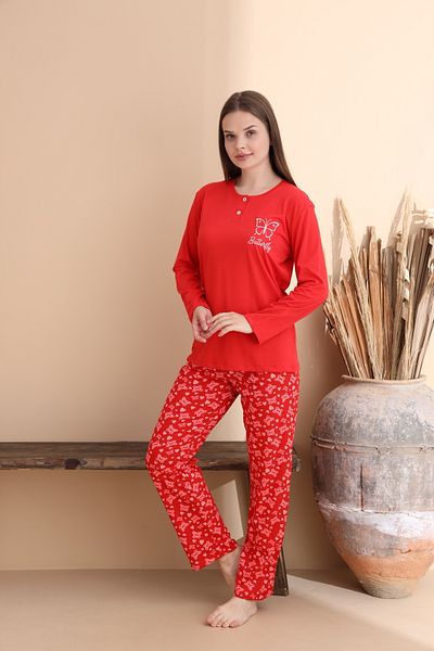 ELİTOL Pomegranate Flower Butterfly Pattern Cotton Knitted Long Sleeve Women's Pajamas Set
