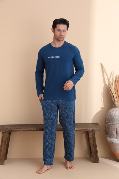 ELİTOL Indigo Line Pattern Long Sleeve Men's Pajama Set