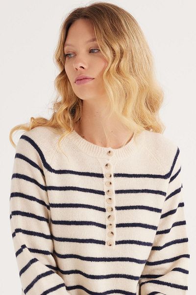 Tudors Women's Regular Fit Classic Cut Button Collar Navy Blue Striped Sweater