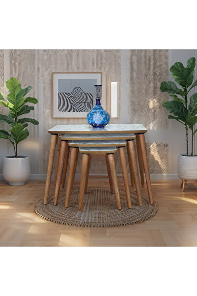 Evmob Evim Mobilya Beyaz Eşya Home 4lü (Dörtlü) Zigon Sehpa Ahşap Mdf - Ceviz