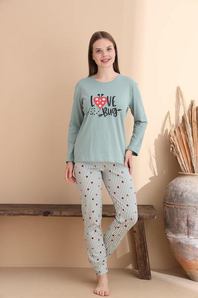 ELİTOL Yeşil Çizgi Desen Pamuklu Örme Uzun Kol Anne-Kız Pijama Takımı