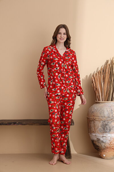 ELİTOL Karışık Desen Süet Örme Uzun Kol Anne-Kız Düğmeli Pijama Takımı