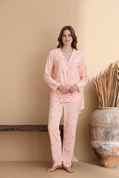 ELİTOL Kalp Love Desen Süet Örme Uzun Kol Anne-Kız Düğmeli Pijama Takımı
