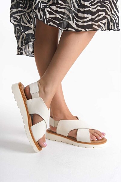 ERNİLA Rony Ecru Genuine Leather Cross Women's Sandals