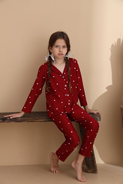 ELİTOL Heart Pattern Suede Knitted Long Sleeve Women's Buttoned Pajama Set