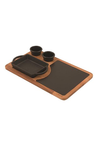 Lava Cast Iron Rectangular Wooden and Cast Iron Serving Plate with Handles 12X15 cm