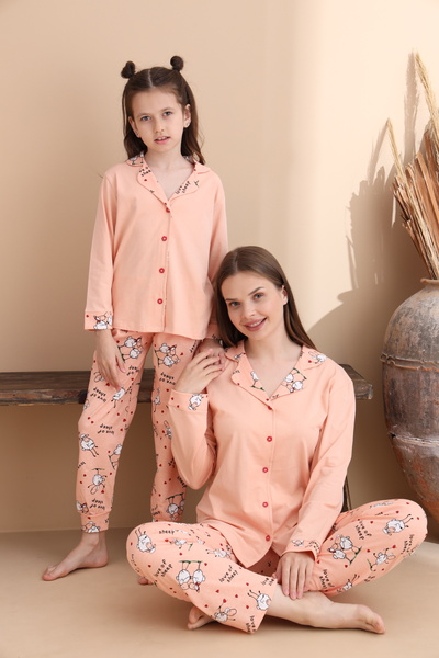 ELİTOL Set pijamale pentru copii cu mâneci lungi din bumbac tricotat cu model de miel de somon