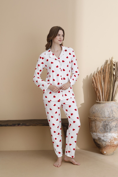 ELİTOL Kalp Desen Süet Örme Uzun Kol Çocuk Düğmeli Pijama Takımı