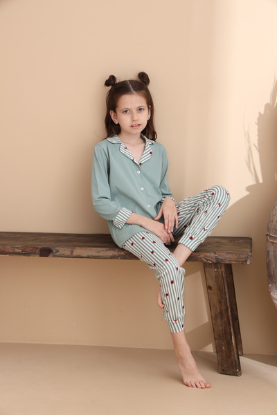 ELİTOL Yeşil Çizgi Desen Pamuklu Örme Uzun Kol Anne-Kız Düğmeli Pijama Takımı