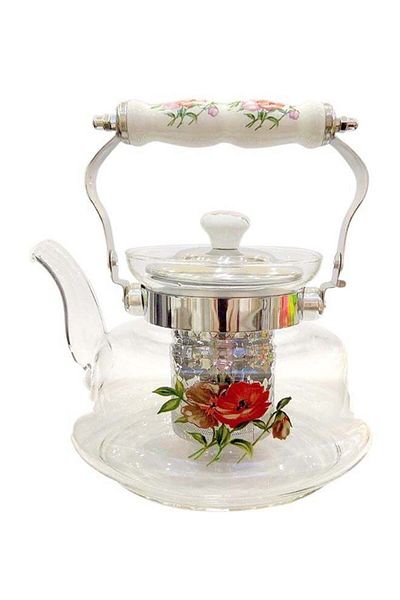 Bin Shihoun Pyrex Tea Pot Made of Borosilicate Glass with Floral Design and Filter - Transparent/Silver/Red, 1 L