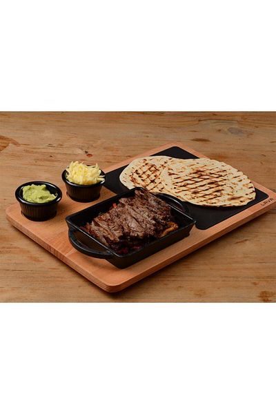 Lava Cast Iron Rectangular Wooden and Cast Iron Serving Plate with Handles 12X15 cm