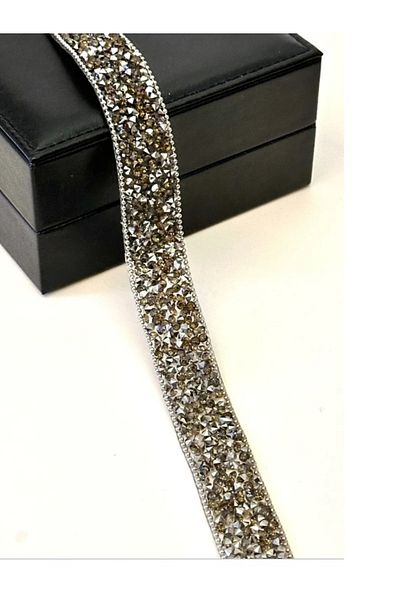 BEİLYS COSMETİCS & ACCESSORY 1 Meter Iron-On Edge Ball Chain Detail with Stones Anthracite Color Ribbon Width 2 Cm. Stone Strip