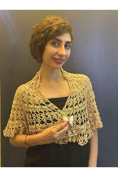 Gönülden Tasarım Lace Hand Knitted Multi-Purpose Shal, Bolero, Bustier with Butterfly Brooch