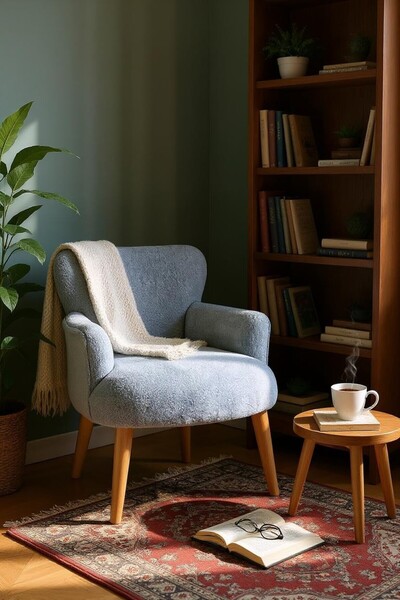 WATERYBROOK Tekli Koltuk, Berjer, Balkon, Bahçe, Ofis Çay Seti, Teddy Kumaş, Ceviz Ayak