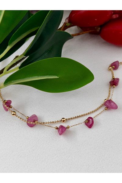 Siya Silver Double Chain Steel Bracelet with Broken Natural Stone Pink Quartz - 316L Steel