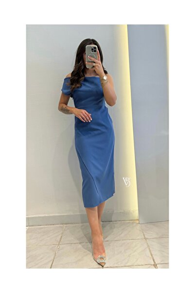 viadellabutik Omuz Detay Anvelop Elbise -MAVİ