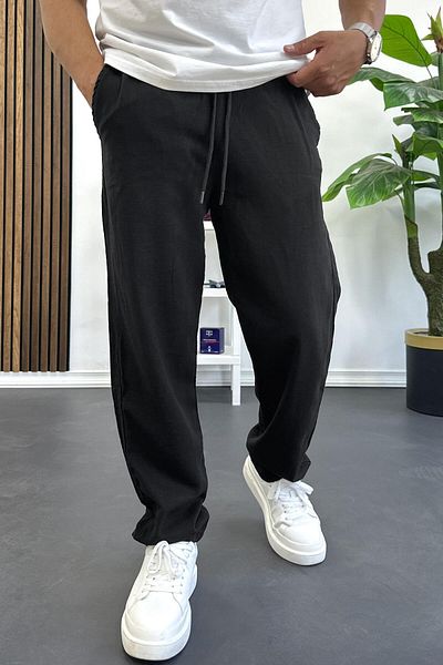 Edwox Men's Comfortable Fit Linen Look Cotton Elastic Waist Trousers Black Edw404