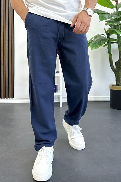 Edwox Men's Comfortable Fit Linen Look Cotton Elastic Waist Trousers Navy Blue Edw404