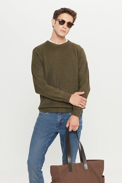 AC&Co / Altınyıldız Classics Men's Khaki Standard Fit Regular Cut Crew Neck Jacquard Knitwear Sweater