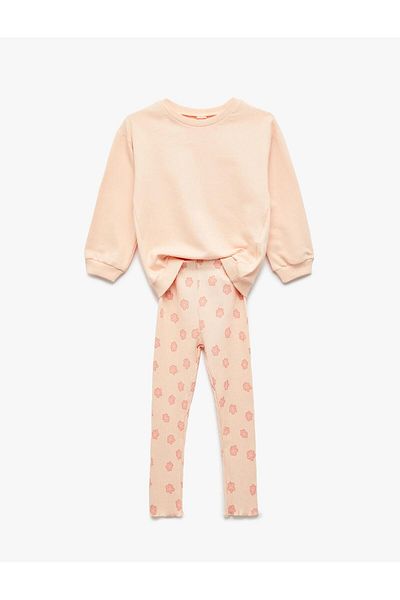 Koton Baby Girls Cotton Crew Neck Long Sleeve Sweatshirt and Ribbed Floral Printed Leggings Set (Aw 25)