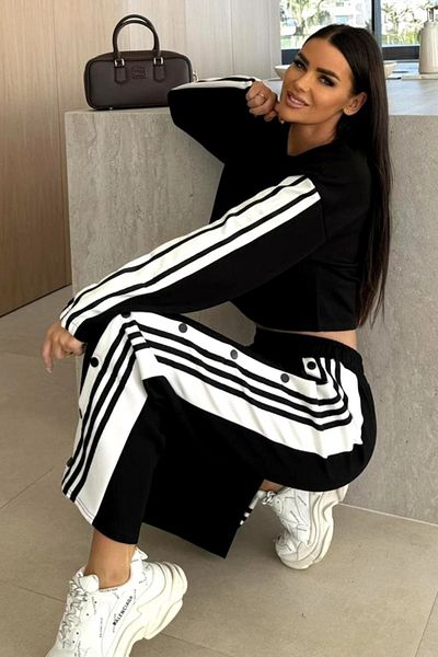 FashionForYou Casual Oversize Flow Suit, with leg staples and contrasting stripes, Black, L