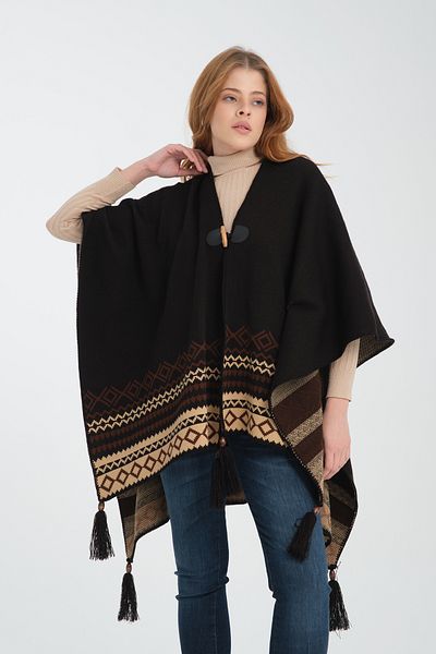 T Crazy T-Crazy Geometric Pattern Woven Knitwear Poncho, Leather Detail Tassel Women's Outerwear