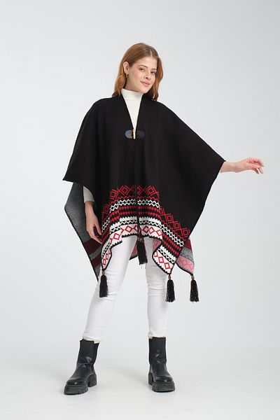 T Crazy T-Crazy Geometric Pattern Woven Knitwear Poncho, Leather Detail Tassel Women's Outerwear