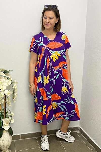 Mia Butik Women's Purple Orange Floral Patterned Dress