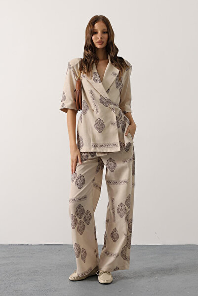 VAGGON Women's Ecru Ethnic Patterned Oversized Piece Set Vs00641