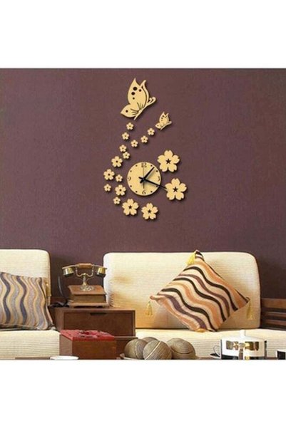 Generic Butterfly And Flower Wall Clock 3D Acrylic Mirror Sticker Gold 41x70cm