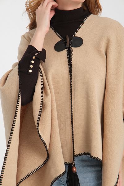 T Crazy T-Crazy Solid Color Fisherman Stitching Woven Knitwear Poncho, Button Detailed Tassel Women's Outerwear Poncho
