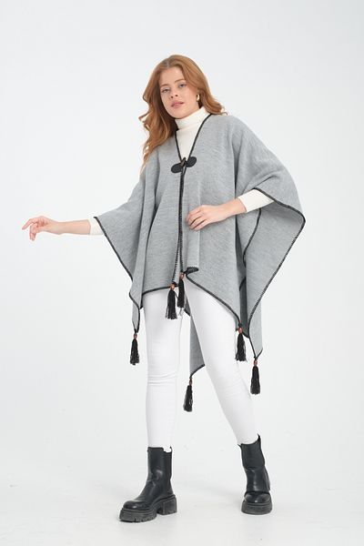 T Crazy T-Crazy Solid Color Fisherman Stitching Woven Knitwear Poncho, Button Detailed Tassel Women's Outerwear Poncho