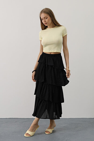 VAGGON Women's Black Elastic Waist Layered Cut Long Skirt Vs00557