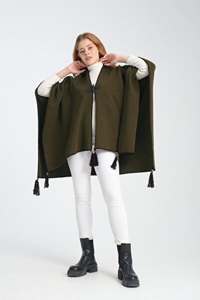 T Crazy T-Crazy Solid Color Fisherman Stitching Woven Knitwear Poncho, Button Detailed Tassel Women's Outerwear Poncho